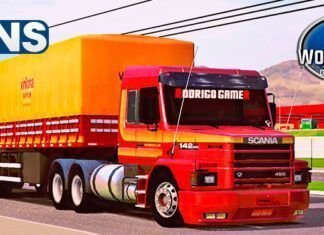 Skins Scania 142H Vermelha Com Faixas Originais na Carreta Bitrem