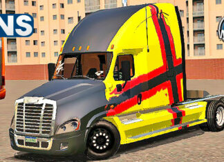 Skins Freightliner Amarelo Com Capo Preto e Faixa Personalizada em Vermelho