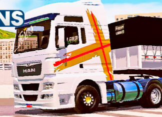 Skins MAN TGX BRASILEIRO BRANCO COM FAIXA PERSONALIZADA NA CARRETA BITREM CAÇAMBA