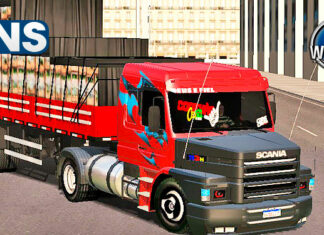 Skins Scania 113 Vermelha Grafitada Com Capo Preto e Carga de Repolho na Carretinha