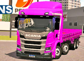Skins Scania P320 Rosa Com Faixa Personalizada ‘NO ESTILO VERDUREIRO’