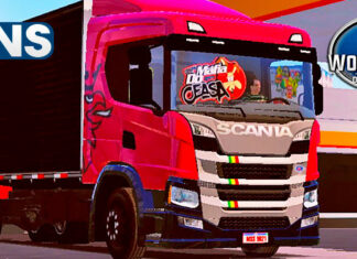 Skins Scania P320 Vermelha no Bau Preto Com Logo Scania Griffin