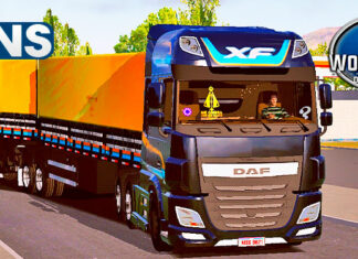 Skins Daf XF Todo Preto no Bitrem Com Faixas em Laranja e Azul