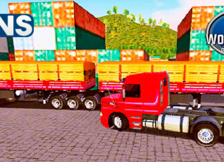 Skins Scania 113 Vermelha Com Faixas Clássicas No Rodotrem Carregado de Madeiras