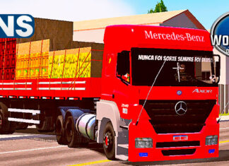 Skins Mercedes Benz Axor Vermelho na Carreta 2 Eixos Carregado de Caixas e Frutas
