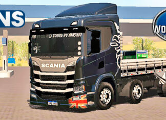 Skins Scania P320 Preta Griffin Com Carroceria Branca e Faixas Preta ‘MAIS QUALIFICADO’