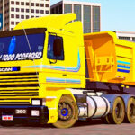 Skins Scania 113 Frontal Amarela Com Faixas em Azul e Pintura Traseira minions
