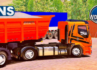 Skins Volvo VM Laranja Com Faixas Performance na Carreta Caçamba