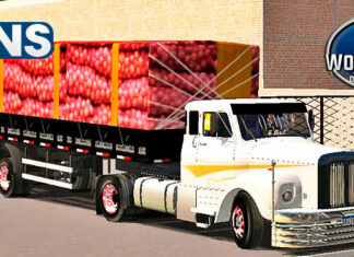 Skins Scania 111 Branca Com Faixa Qualificado na Carretinha Verdureiro Carregada de Cebolas