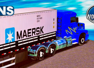 Skins Volvo EDC Pintura Clássica zul Com Faixas Originais No Bitrem Carregado Com Container