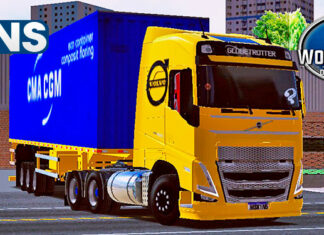 Skins Volvo FH 2021 Amarelo Na Carreta Carregada Com Container