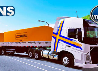 Skins Volvo FH Branco Com Faixas Amarela e Azul no Bitrem