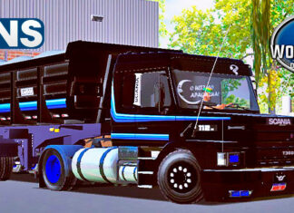 Skins Scania113 Preta Conjunto na Caçamba Com Faixas e Rodas Azul