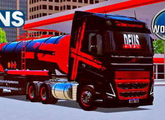 Skins Volvo FH 2021 Preto Com Faixas Vermelhas Performance no Bitrem Tanque ‘TOP’