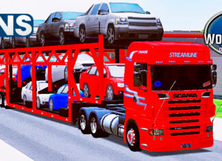 Skins Scania R Vermelha Streamline Com Faixas Qualificada na Cegonha