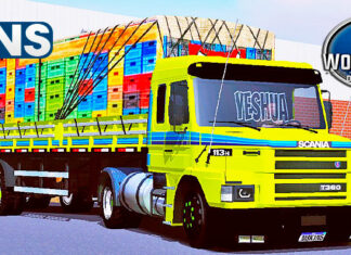 Skins Scania 113 Verde Limão Com Faixas Azul Na Carreta 2 Eixos Verdureira