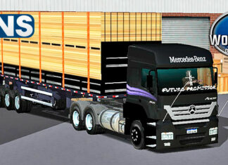 Skins Mercedes Benz Axor Preto Com Faixas Roxas Na Granel Carregada de Madeiras