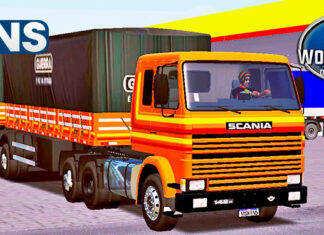 Skins Scania 113 Frontal Laranja Com Faixas Originais no Bitrem