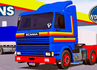 Skins Scania 113 Frontal Azul Com Faixas Amarelas e Vermelha
