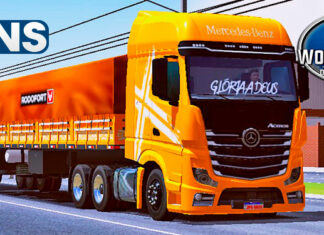 Skins Mercedes Benz Actros Laranja Com Faixas Performance No Rodotrem