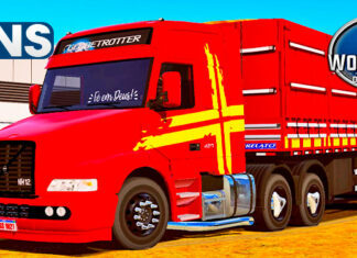 Skins Volvo NH 12 Vermelho Qualificado Com Com faixas Amarelas no Bitrem