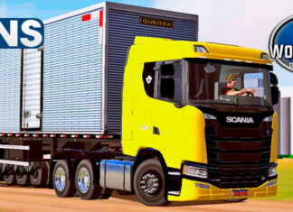 Skins Scania S Amarela Qualificada no Bau Tampa Traseira BOB ESPONJA