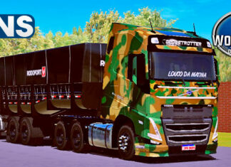 Skins Volvo FH Camuflado no Rodotrem Rodofort Preto