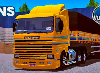 Skins Scania 113 Frontal Amarela Com Faixas Azul na Graneleira ‘Conjunto Qualificado’