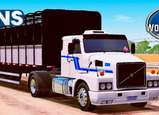 Skins Volvo N10 Branco Com faixas Originais Azul na Carreta Boiadeira