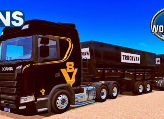Skins Scania S Preta Com Faixas Douradas V8 No RodoCaçamba TRUCKVAN