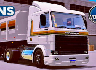 Skins Scania 113 Branca Com Faixas e Frente Preta na Caçamba