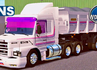 Skins Scania 113 Branca Com Faixas Rosas na Caçamba ‘QAULIFICADO’