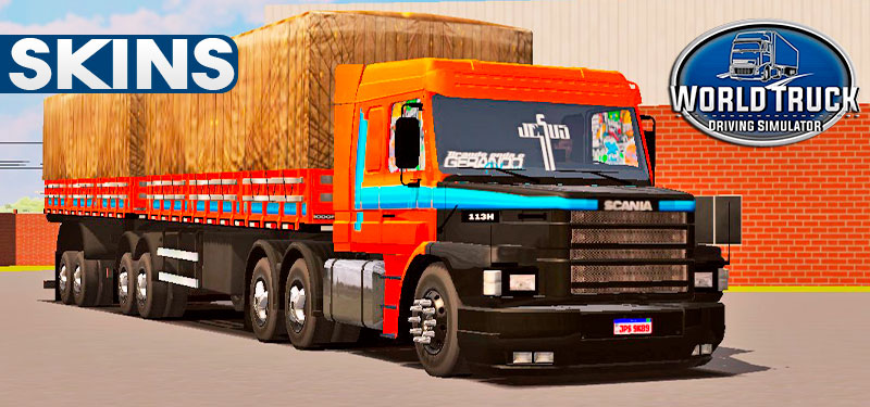 Skins Scania 113 Laranja Com Capo Preto e Faixas Azul no Bitrem Lonado