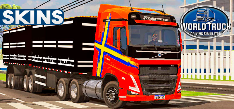 Skins Volvo FH Laranja Com Faixas no Bitrem Tampa Alta Preto