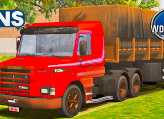 Skins Scania 113 Vermelha Com Faixas Rosas no RodoCaçamba Sujo