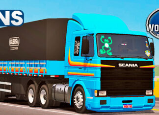 Skins Scania 113 Frontal Azul Claro Com Grade Frente Preta ‘CONJUNTO NO BITREM QUALIFICADO’