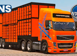Skins Volvo FH Laranja Conjunto no Bitrem Boiadeiro Com Faixas Azul